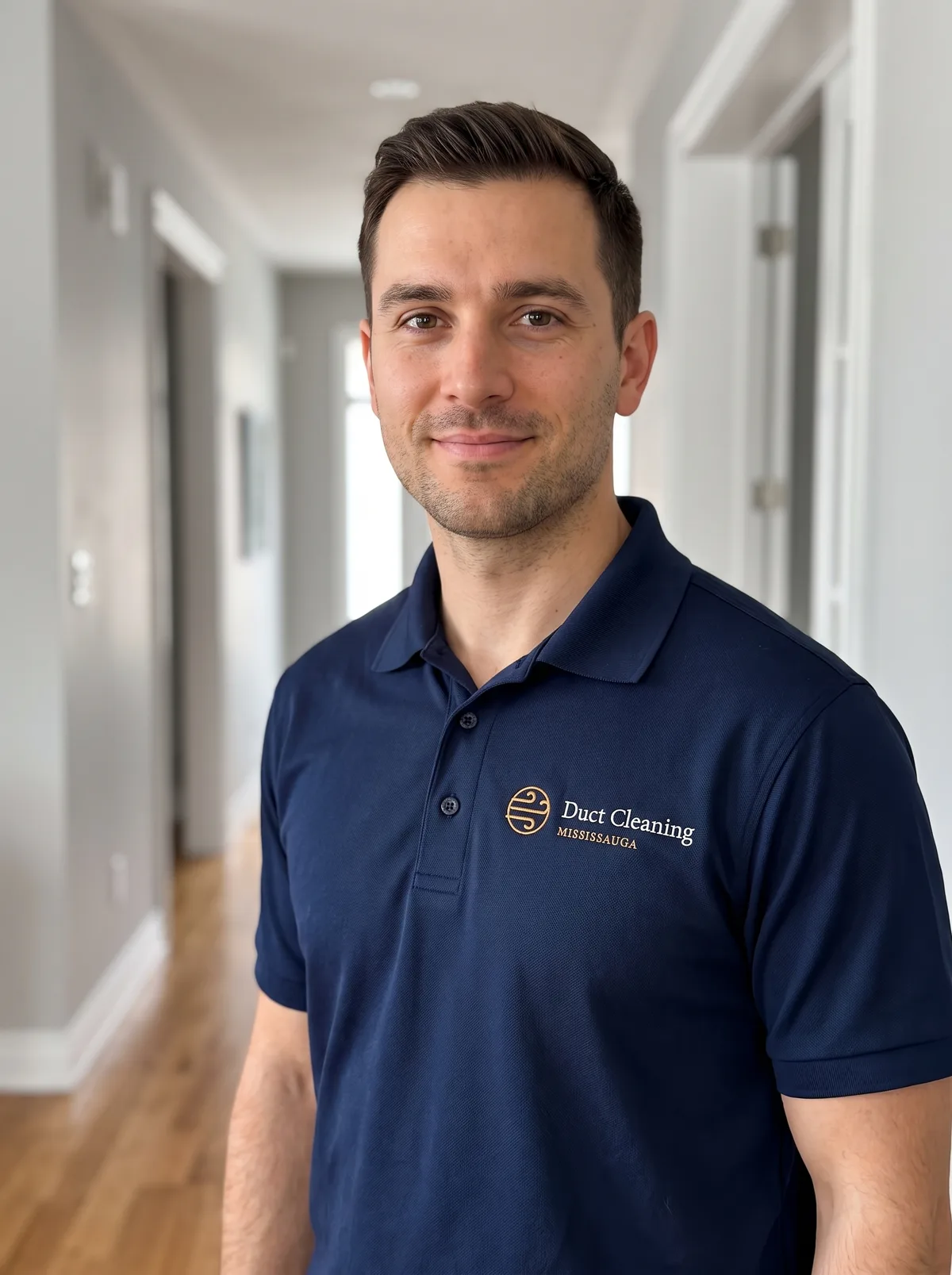 Duct cleaning technician in a branded uniform inside a home hallway